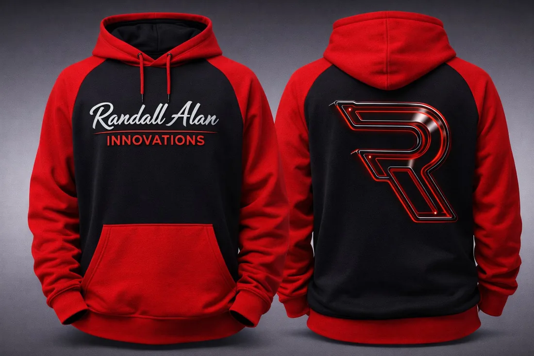 Red and black RAI hoodie front and back